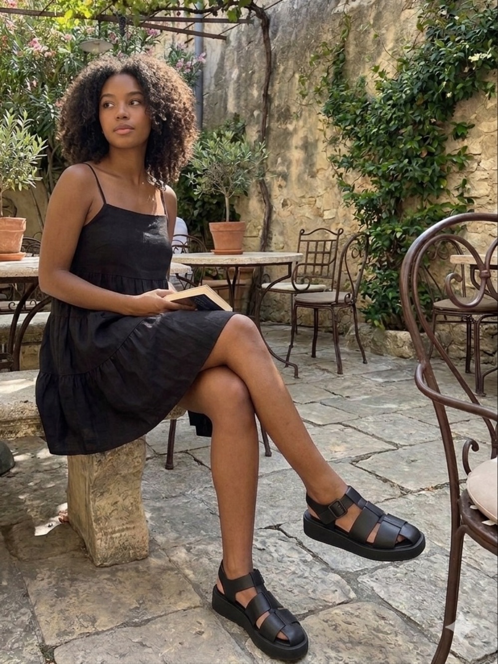 Black leather chunky fisherman sandals